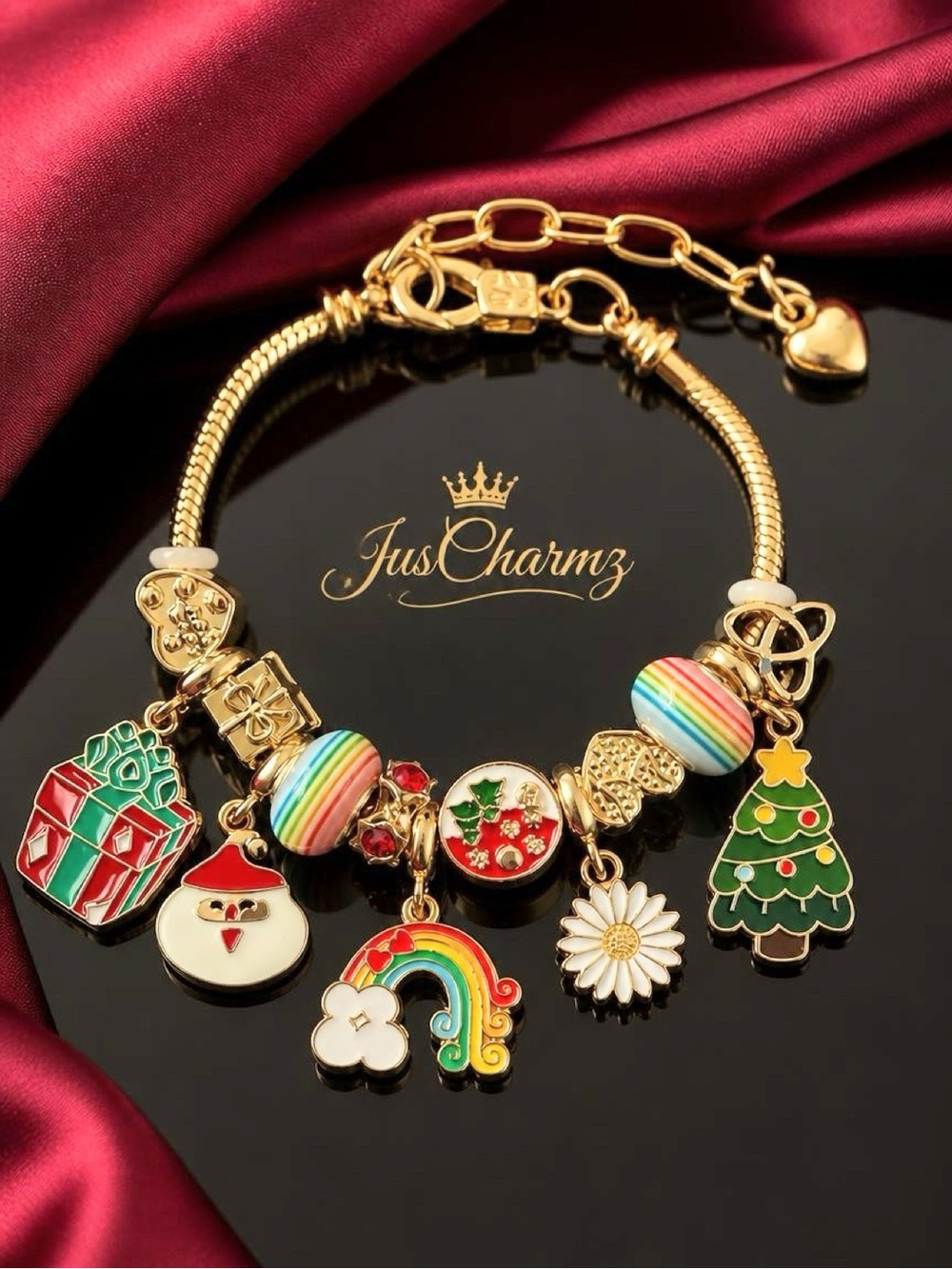 Gold Holiday Charm Bracelet with Rainbow, Christmas Tree & Santa